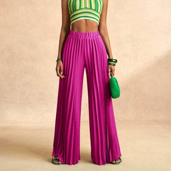 Pants - Hot Pink Casual Women's Pleated Elastic Waist Wide-Leg Pants